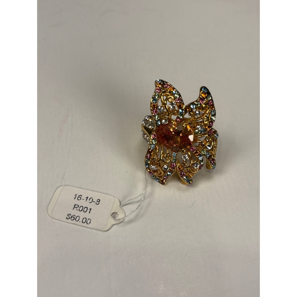 Gold Tone Multi Color‎ Rhinestone Filigree Butterfly Statement Cocktail Ring - Picture 2 of 9